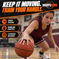 Thumbnail for Close-up of a female basketball athlete dribbling with the Shot Spacer fitted around her right index and middle finger bases.