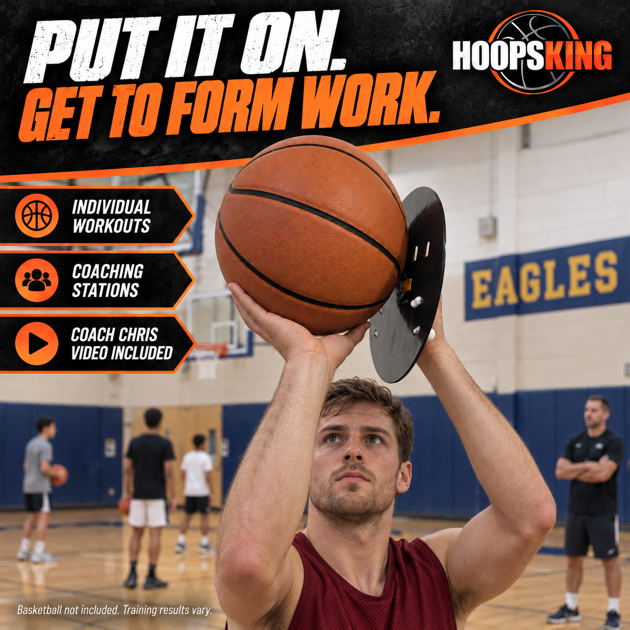 Basketball athlete practicing form with the Smooth Shooter guide-hand disc while a coach observes from the side.