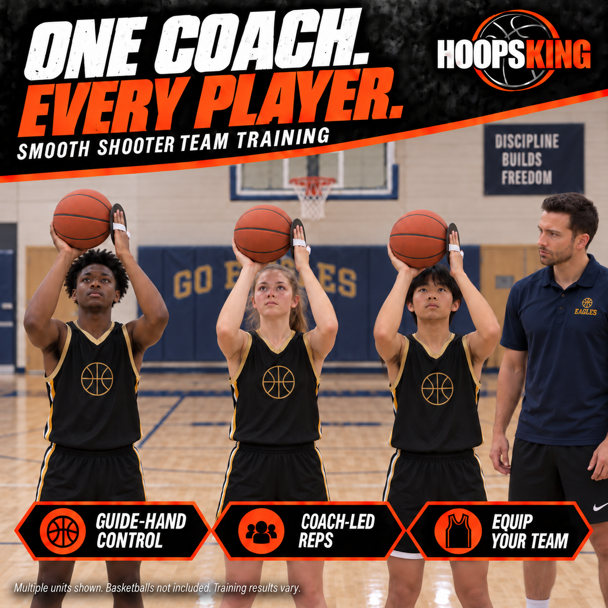 Three young basketball players in a straight row practice raised-ball shooting setups with Smooth Shooter guide-hand discs while a coach observes. Multiple units shown; basketballs not included.