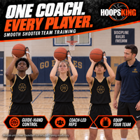 Thumbnail for Three young basketball players in a straight row practice raised-ball shooting setups with Smooth Shooter guide-hand discs while a coach observes. Multiple units shown; basketballs not included.