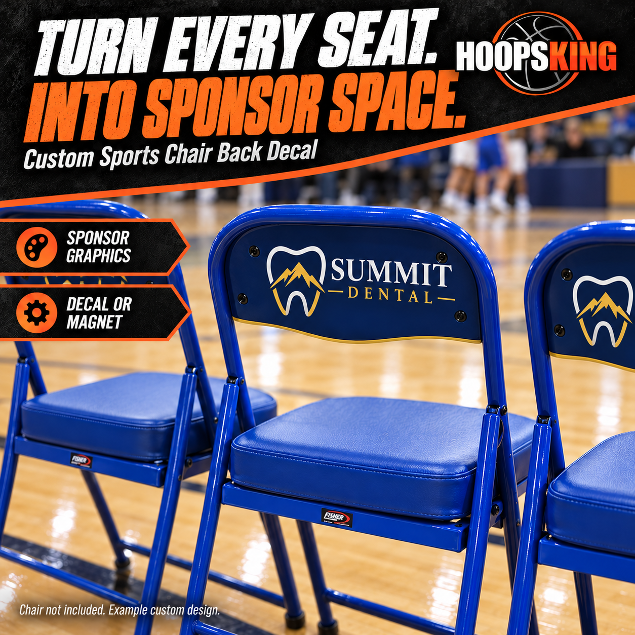 Blue sideline chairs with matching Summit Dental sponsor-only chair back decals; decal or magnet options, chair not included.