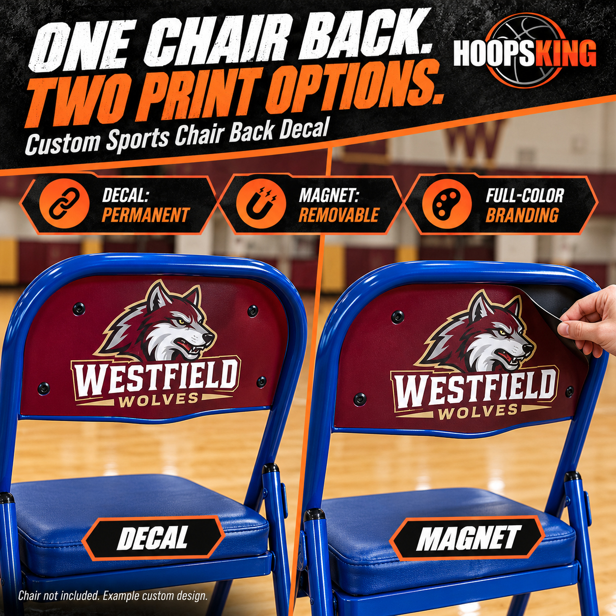 Westfield Wolves chair back print options compared: permanent decal and removable magnet.