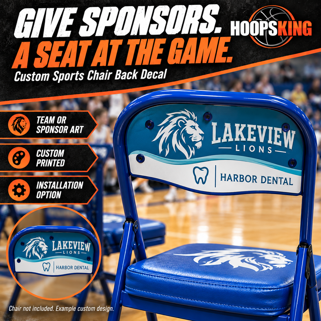 Lakeview Lions and Harbor Dental sponsor artwork on a Fisher chair back.