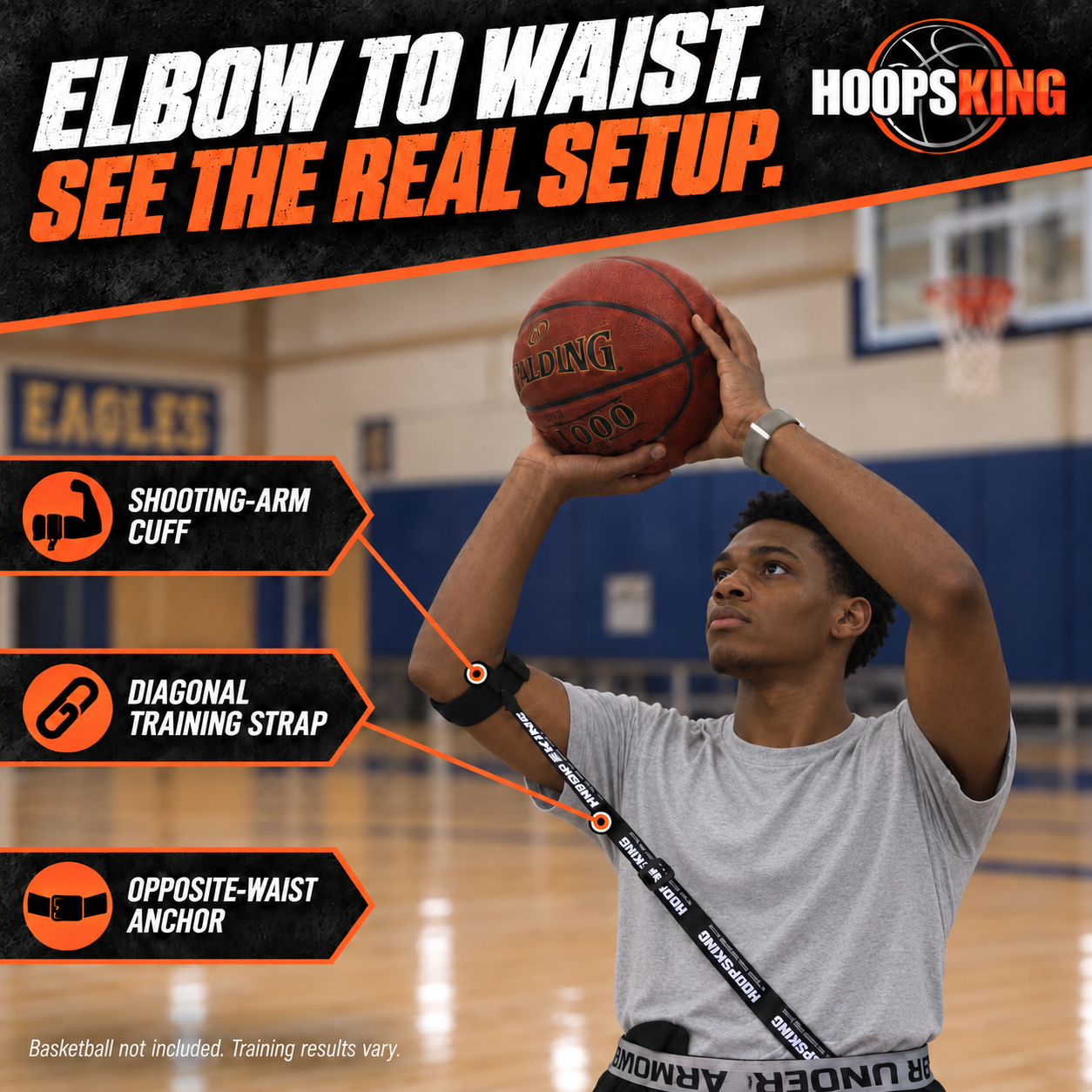 Basketball athlete wearing the Straight Shooter shooting-arm cuff and diagonal strap connected to the opposite waist anchor.
