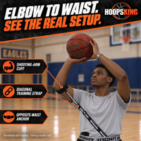 Thumbnail for Basketball athlete wearing the Straight Shooter shooting-arm cuff and diagonal strap connected to the opposite waist anchor.