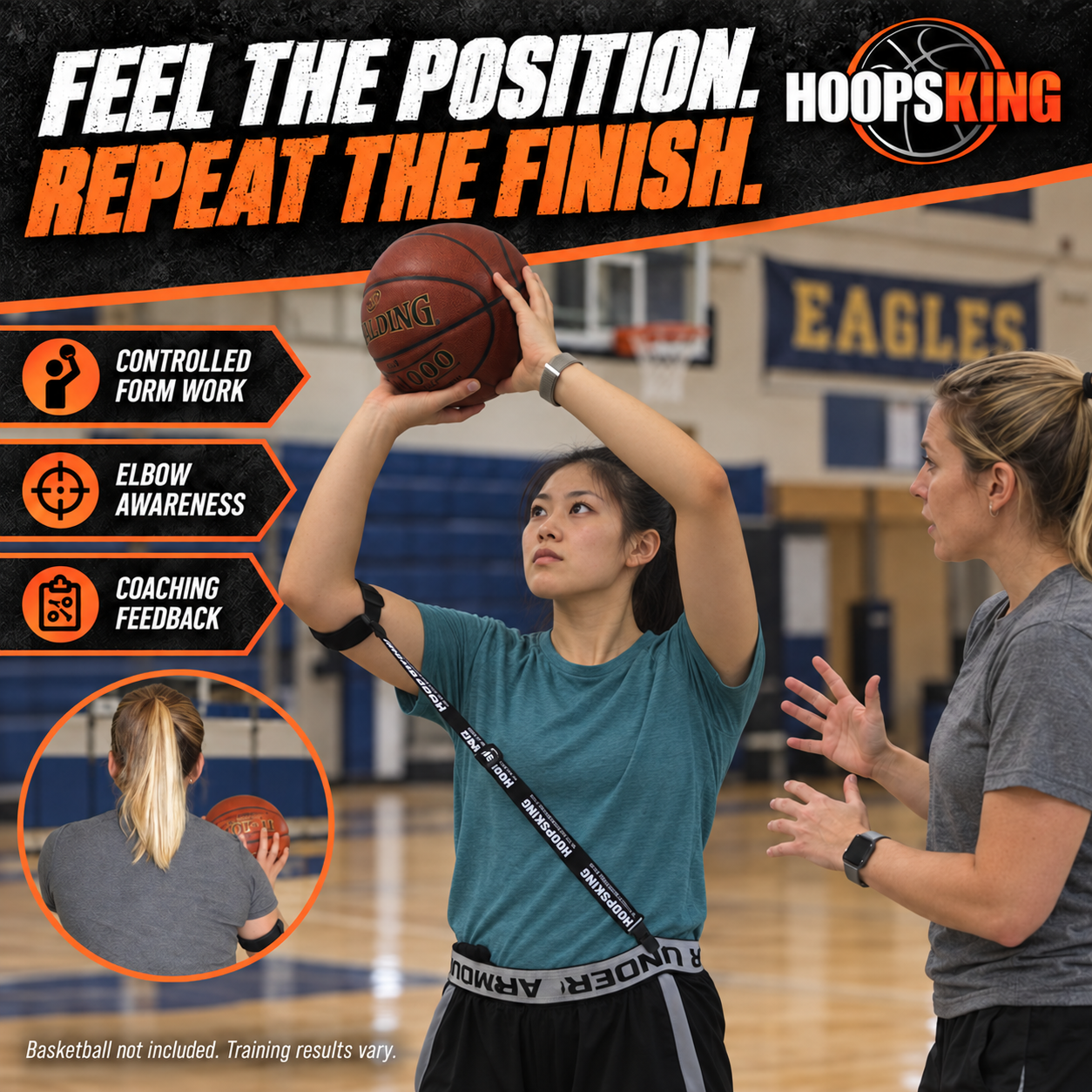 Female basketball athlete practicing with Straight Shooter while a coach provides feedback from beside her.