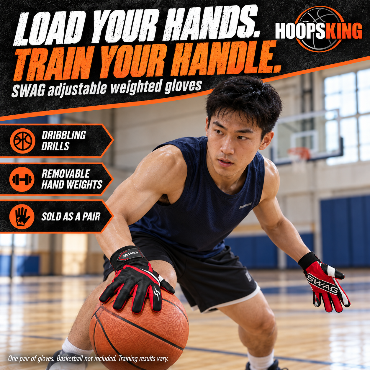 Basketball athlete practicing a low dribble in red and black SWAG weighted gloves.