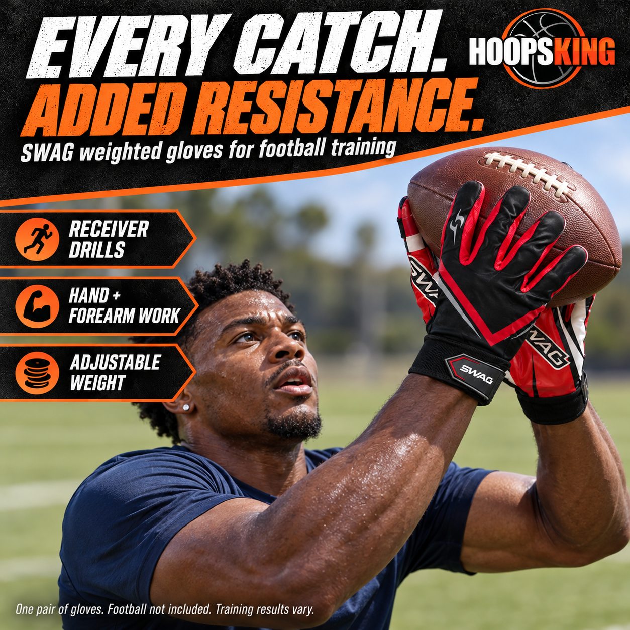 Football receiver wearing SWAG weighted gloves during a controlled catching drill.