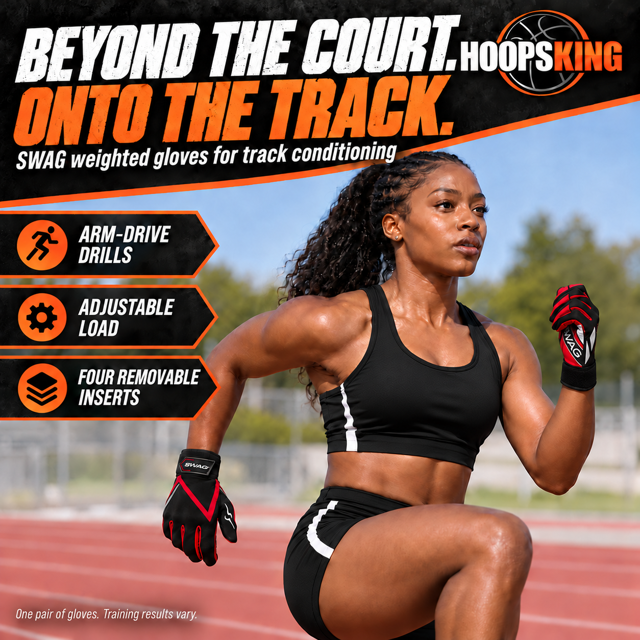 Female sprinter training on a track while wearing red and black SWAG weighted gloves.