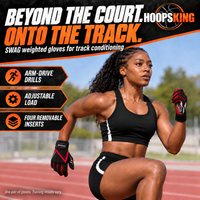 Thumbnail for Female sprinter training on a track while wearing red and black SWAG weighted gloves.