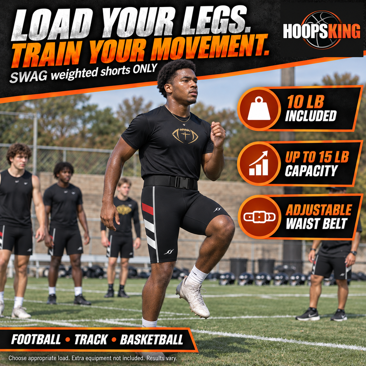Football athlete conditioning in SWAG neoprene weighted shorts; 10 pounds included and 15-pound capacity