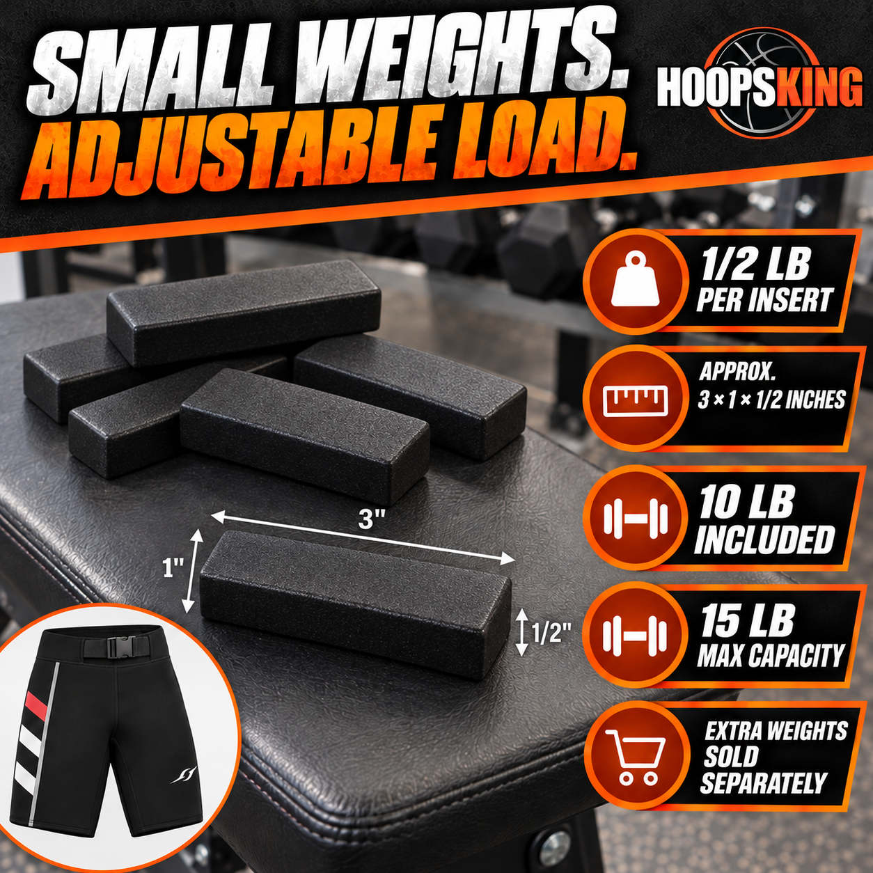 SWAG shorts flat rectangular half-pound weight inserts, approximately 3 by 1 by one-half inch; 10 pounds included, 15-pound maximum capacity, and extra weights sold separately