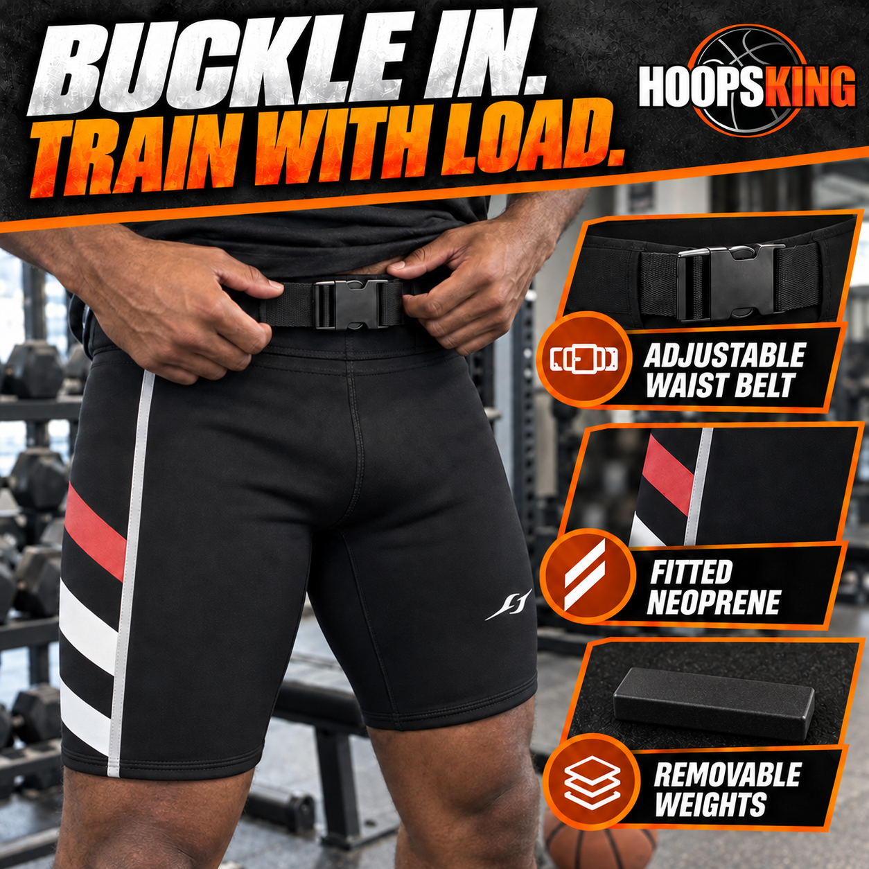 Closeup of an athlete adjusting the SWAG neoprene shorts waist buckle with removable weight insert detail