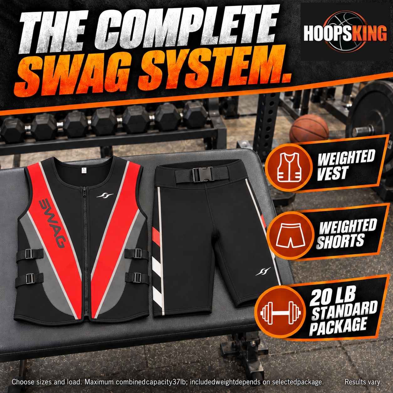 SWAG neoprene Strength Suit includes weighted vest and weighted shorts; 20-pound standard package