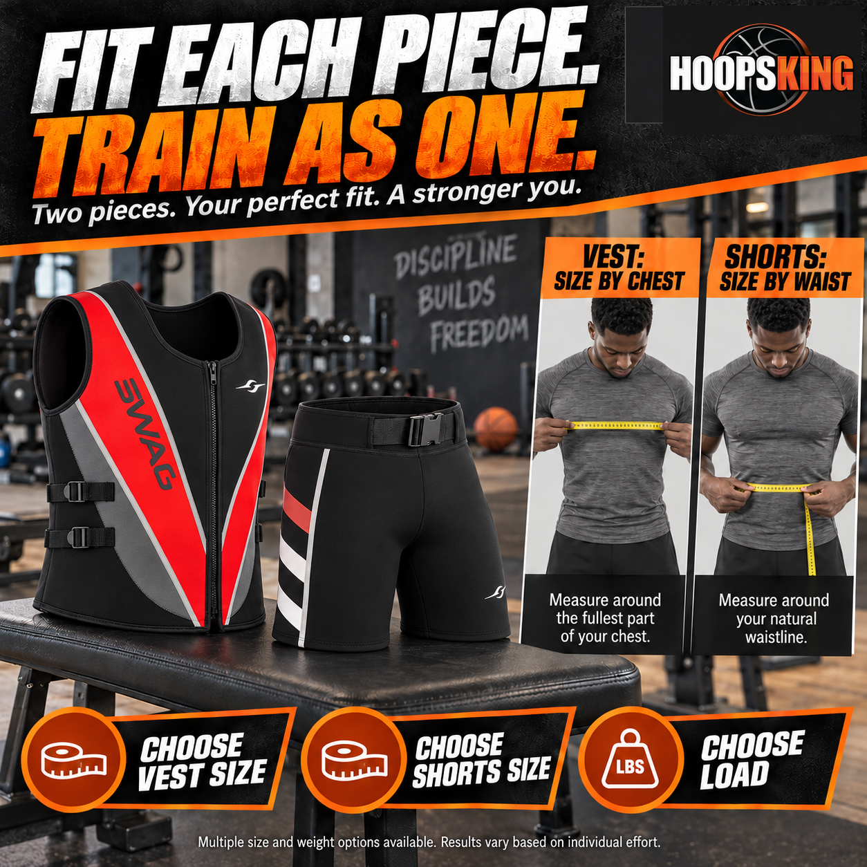 Choose SWAG neoprene Strength Suit vest size by chest, shorts size by waist, and weight package separately