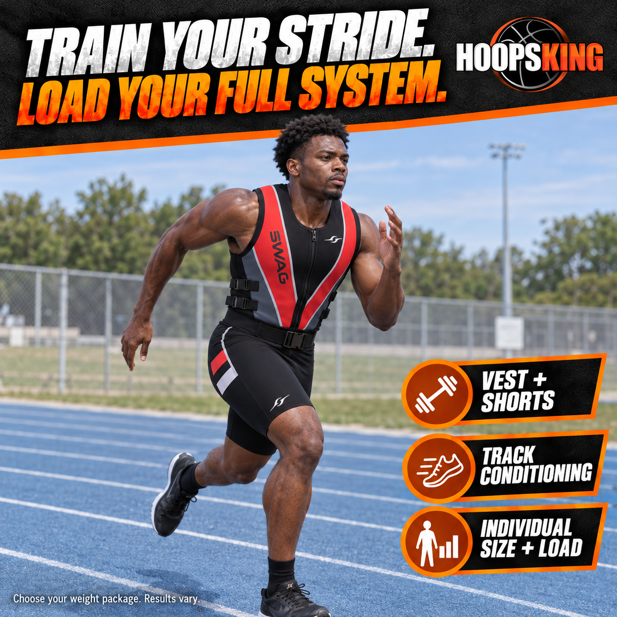 Solo male sprinter conditioning on a track in the SWAG neoprene Strength Suit weighted vest and shorts