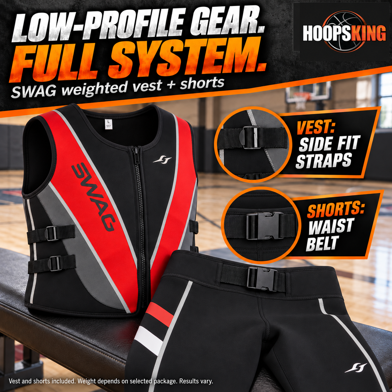 SWAG neoprene Strength Suit vest side adjustment straps, center zipper and weighted shorts waist belt