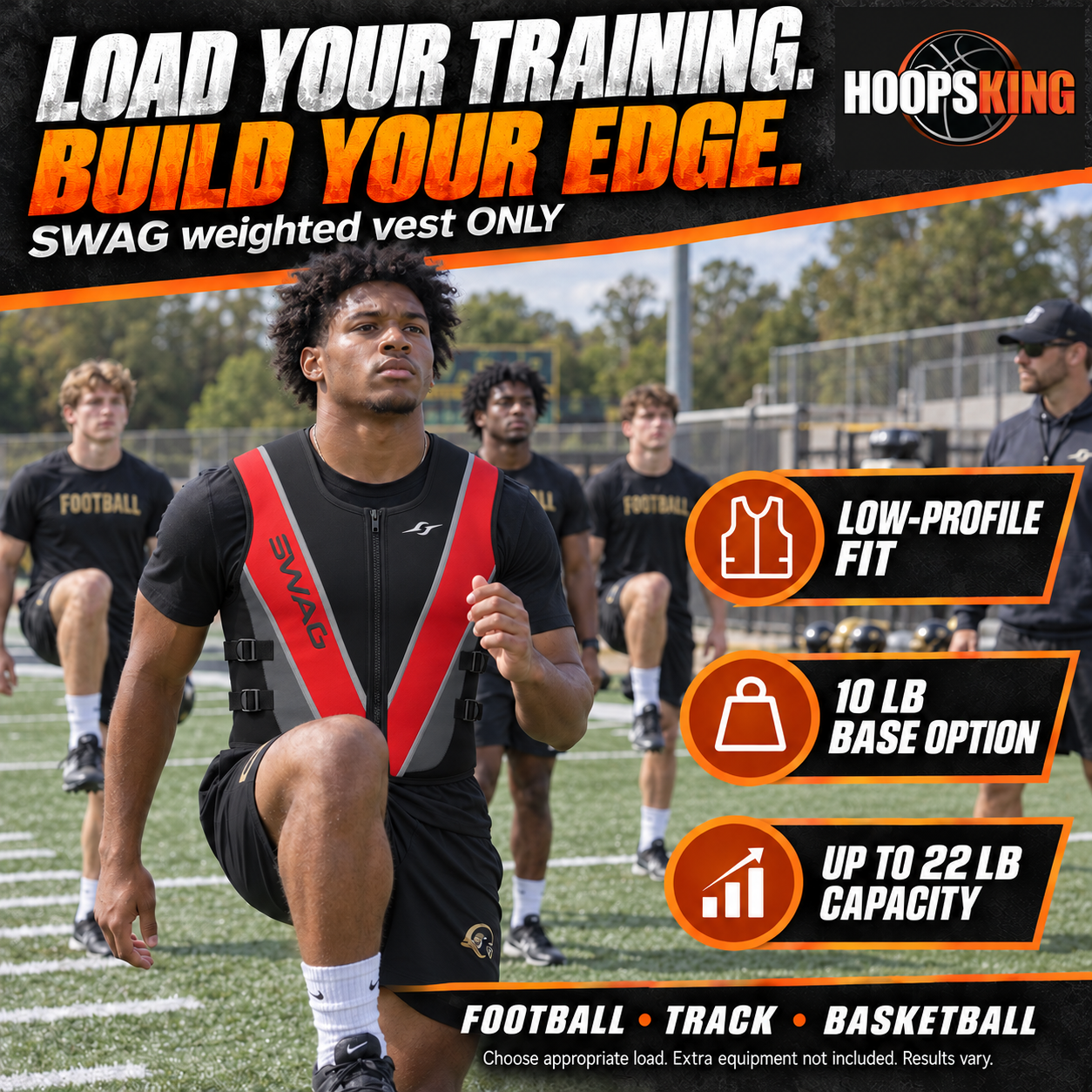 Football athlete conditioning in a SWAG neoprene weighted vest; 10-pound base option and 22-pound maximum