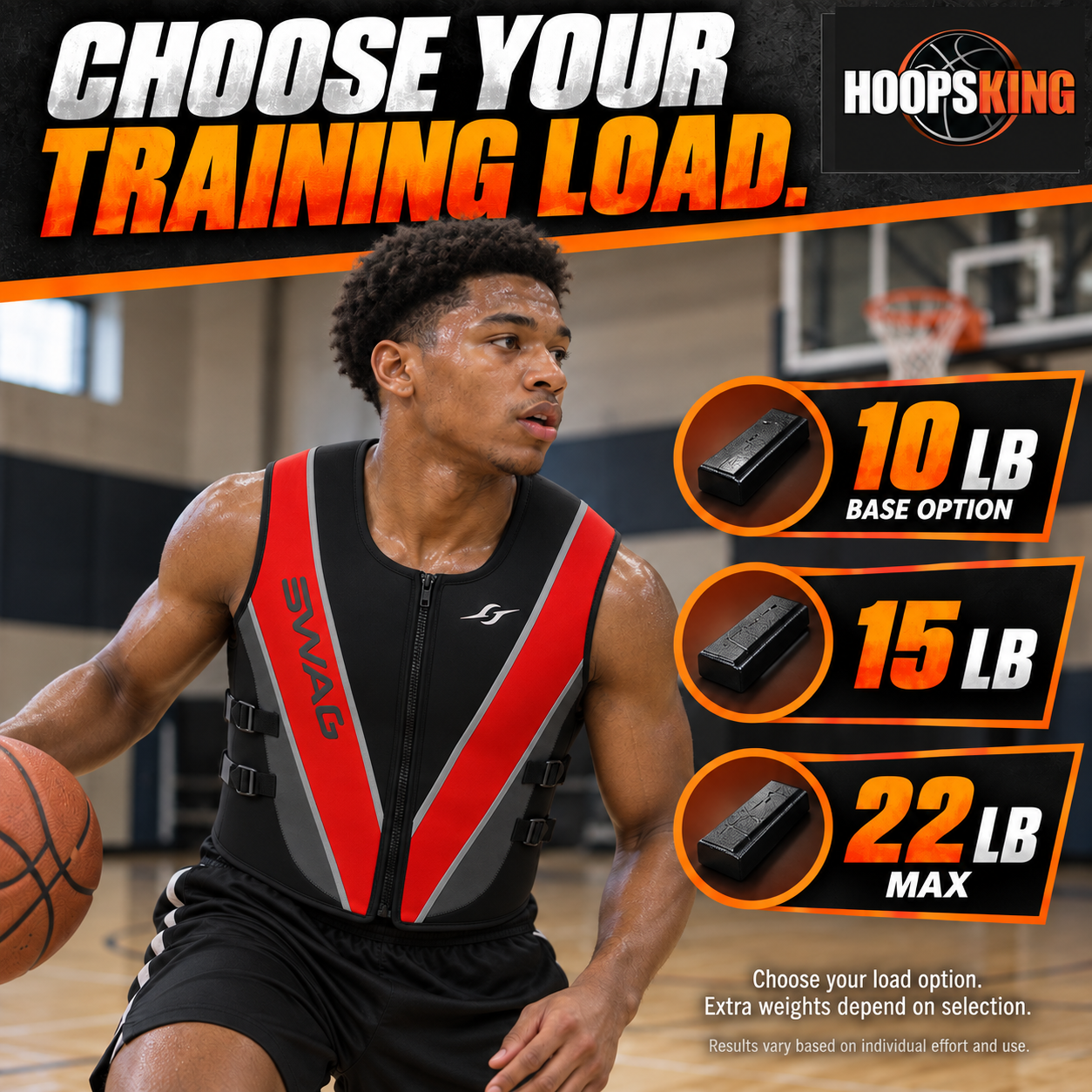 SWAG neoprene weighted vest load options: 10 pounds, 15 pounds and 22-pound maximum