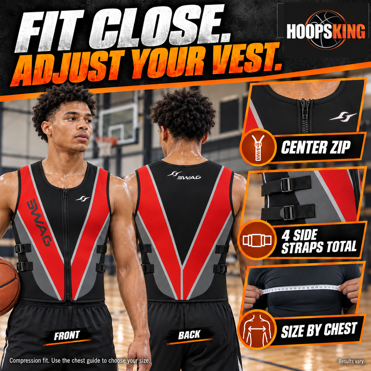 SWAG neoprene weighted vest front and back with center zipper and four side straps in total