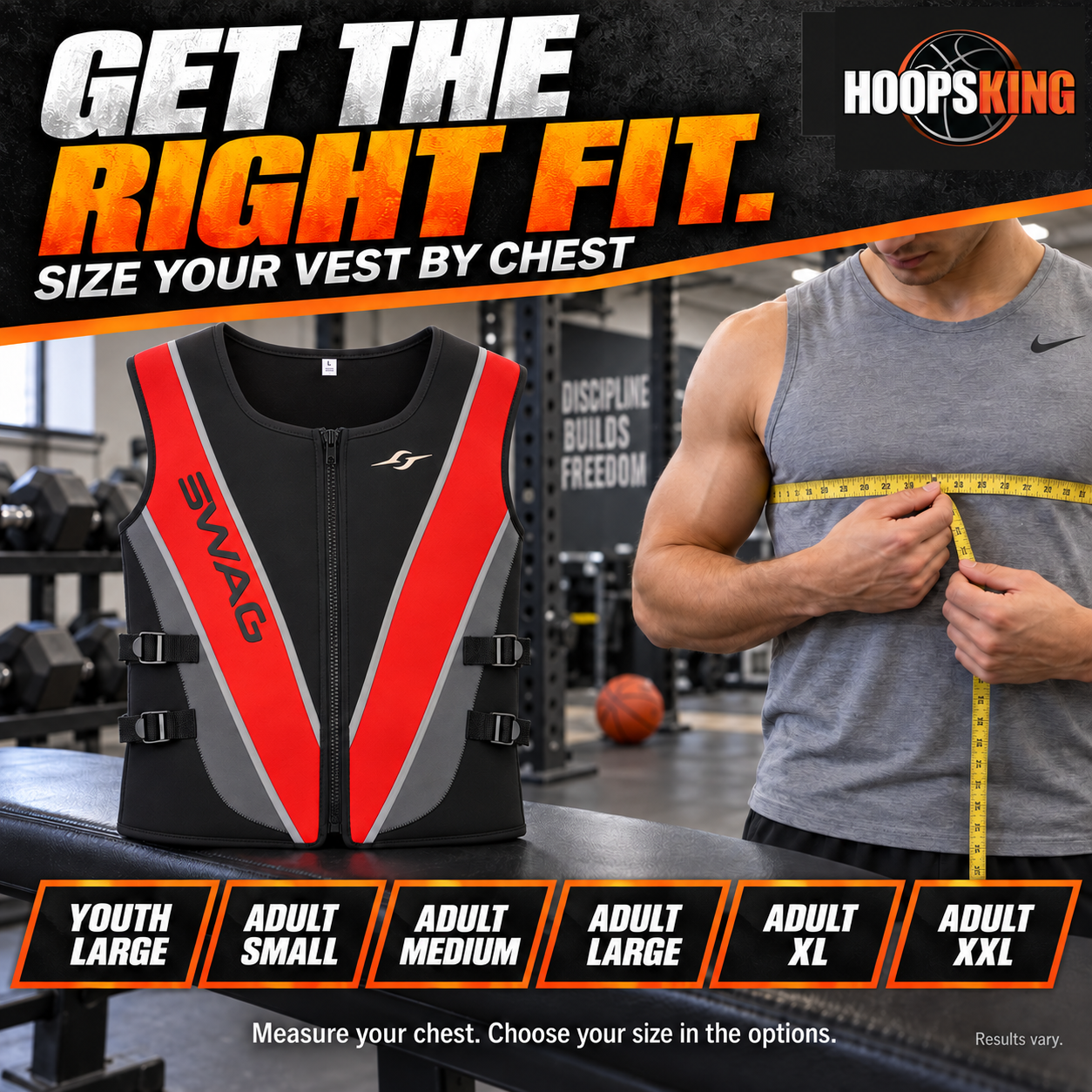 Choose SWAG vest size by chest measurement: Youth Large, Adult Small, Medium, Large, XL or XXL