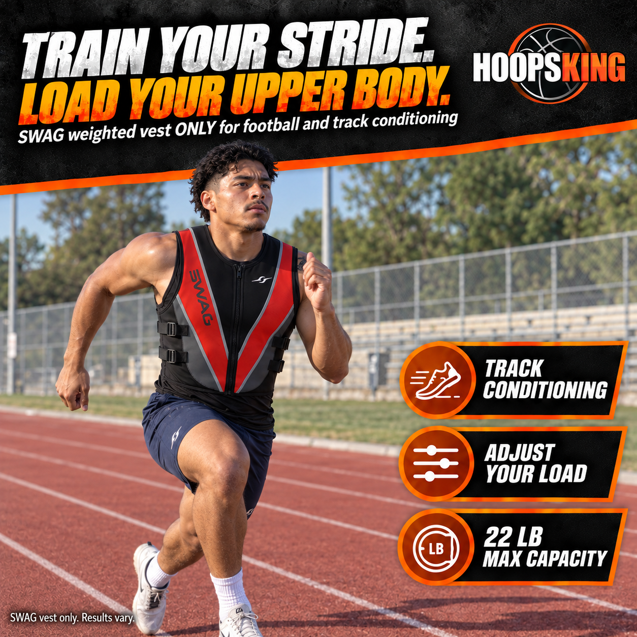 Solo male sprinter conditioning on a track in a SWAG neoprene weighted vest; shorts are ordinary apparel