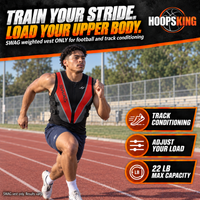 Thumbnail for Solo male sprinter conditioning on a track in a SWAG neoprene weighted vest; shorts are ordinary apparel