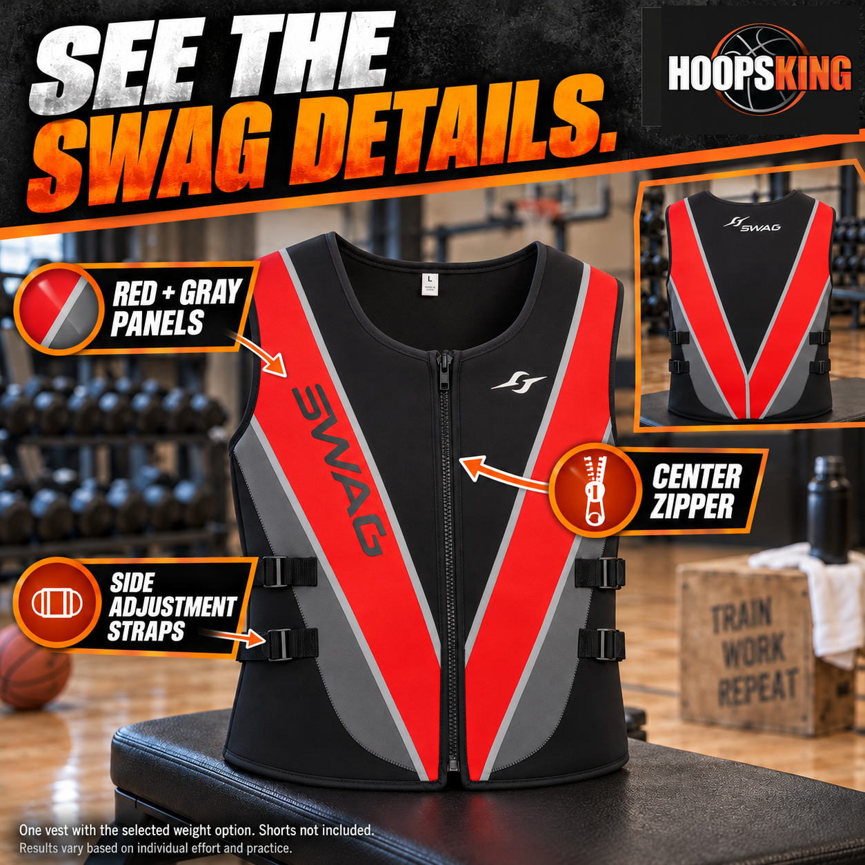 SWAG vest product details showing red and gray panels, center zipper and side adjustment straps