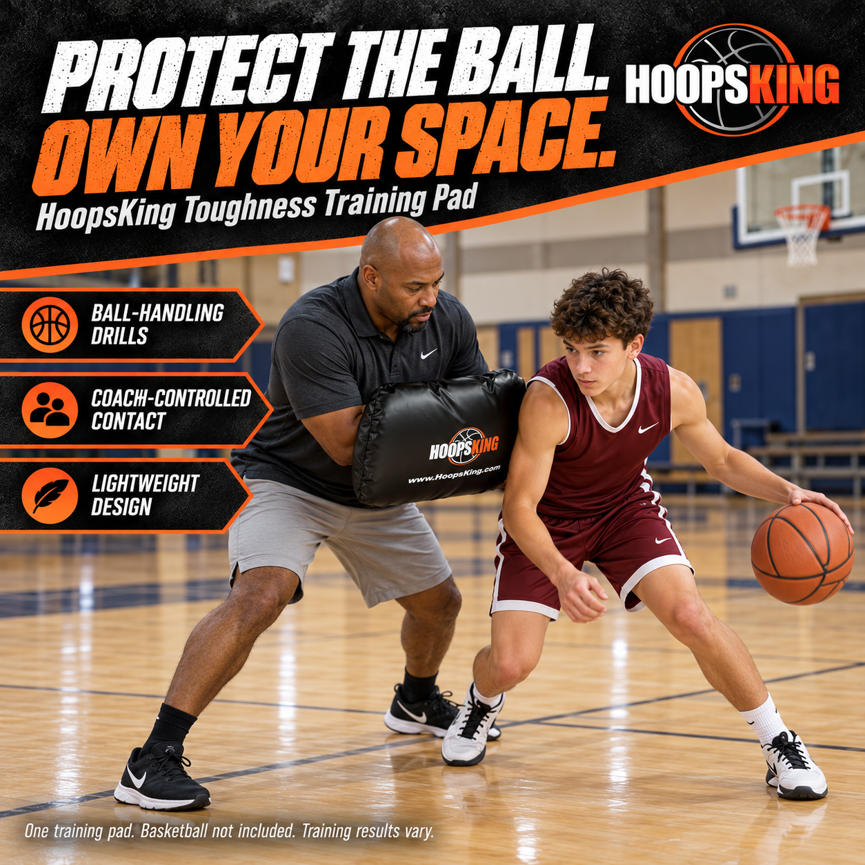 Coach using the black HoopsKing Toughness Training Pad alongside a player practicing ball protection while dribbling.