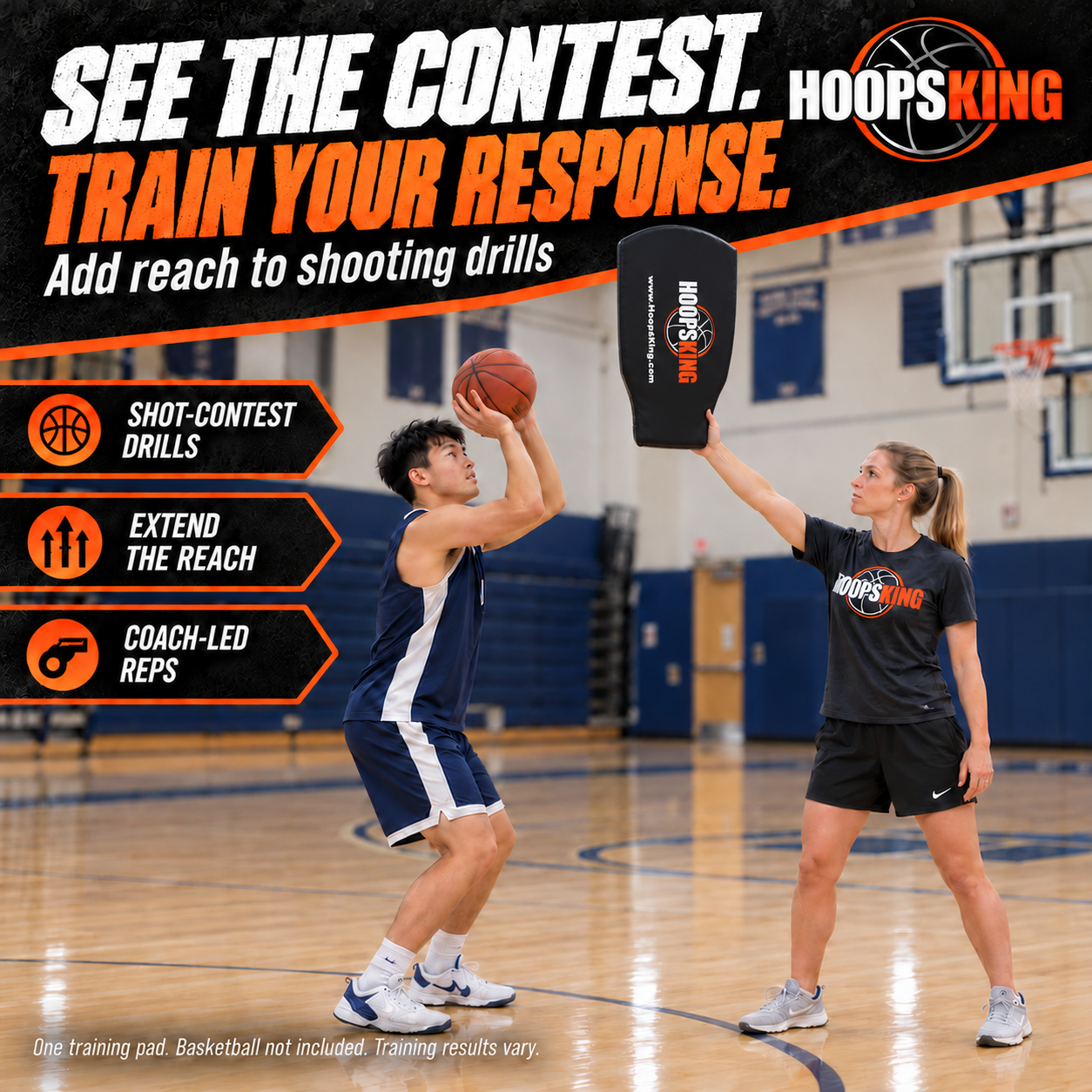 Basketball player practicing a shot over a HoopsKing Toughness Training Pad held vertically by a coach.