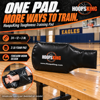 Thumbnail for Black HoopsKing Toughness Training Pad with dimensions 24 by 12 by 3 inches, weight 3 lb, and a close-up of the forearm sleeve and hand grip.