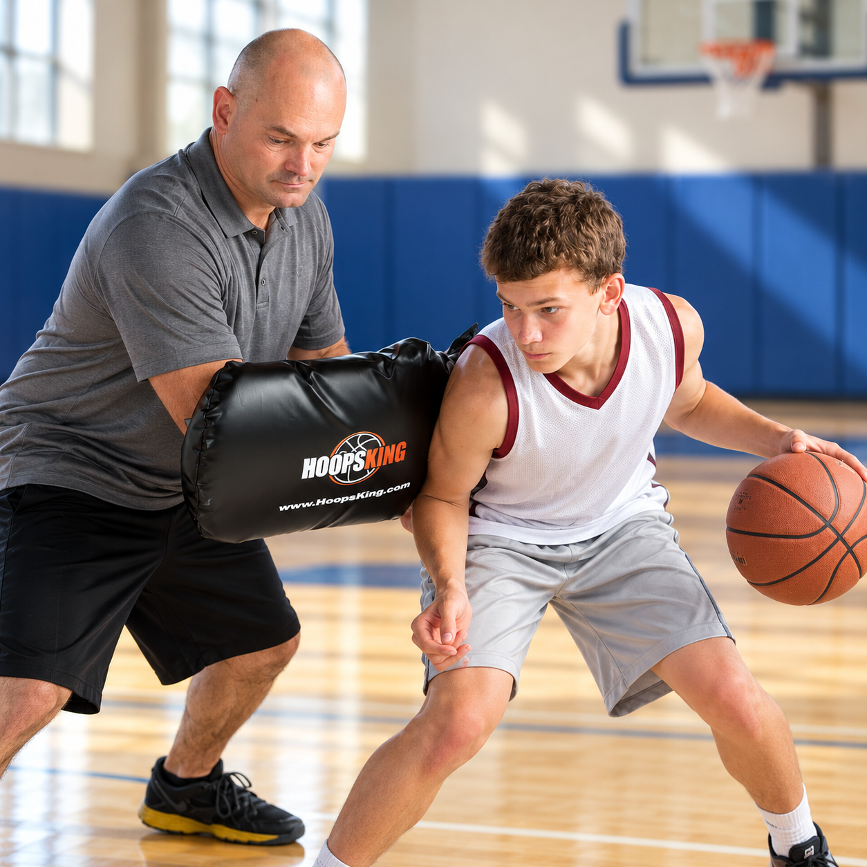 Coach using the black HoopsKing Toughness Training Pad beside a young basketball player practicing ball protection in a school gym.
