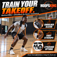 Thumbnail for Black male athlete practicing a controlled takeoff in Vertical Blitz shoulders-to-heels orange resistance bands