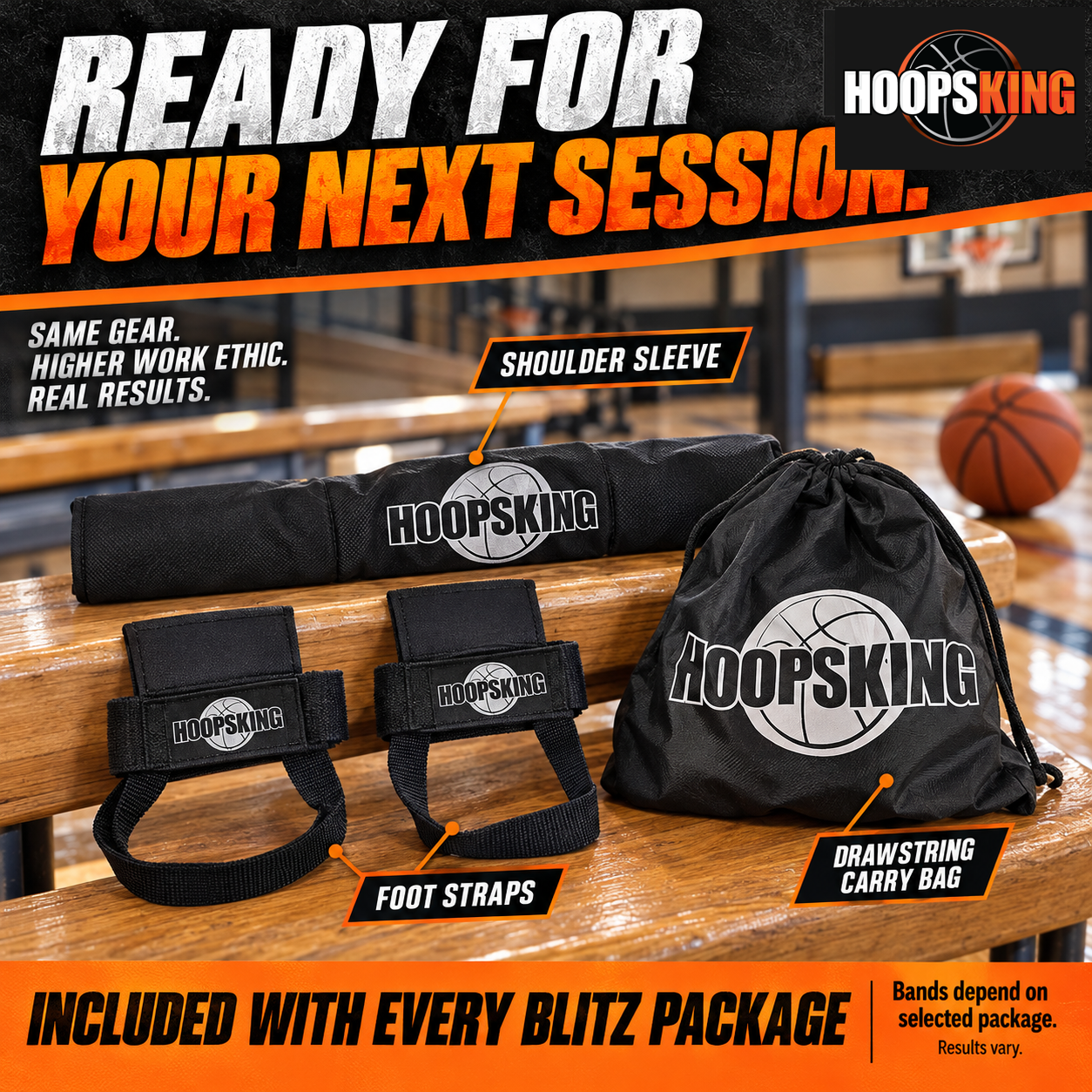 Every Vertical Blitz package includes a shoulder sleeve, two foot stirrups and carry bag; bands vary by package