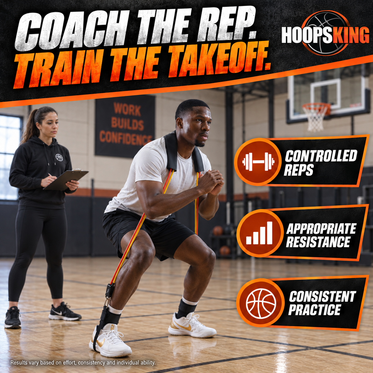 Black male athlete using Vertical Blitz bands during controlled plyometric practice with a trainer to the side