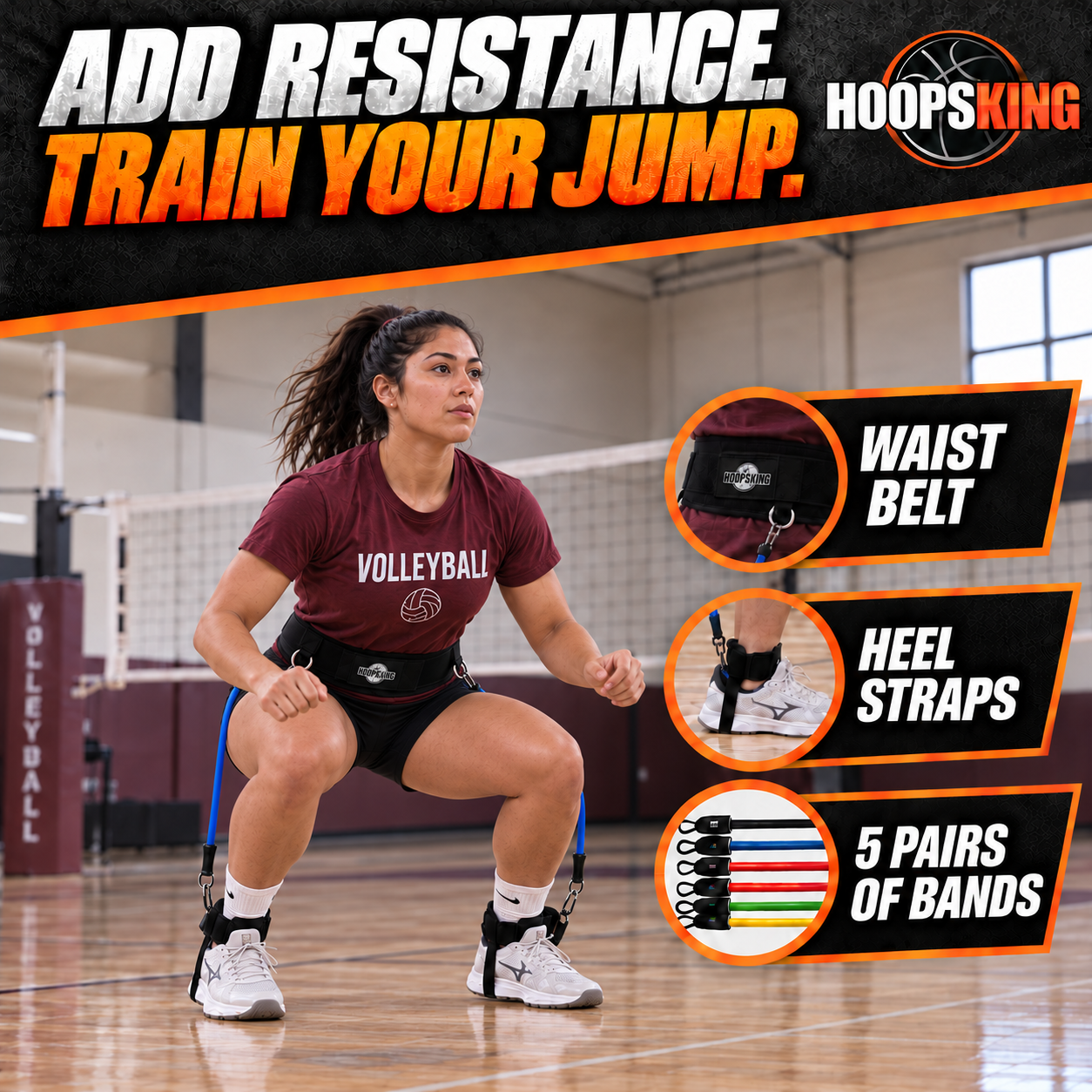 Volleyball athlete squatting in the HoopsKing waist-to-heel trainer with short blue bands outside each leg
