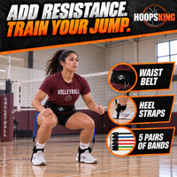 Thumbnail for Volleyball athlete squatting in the HoopsKing waist-to-heel trainer with short blue bands outside each leg