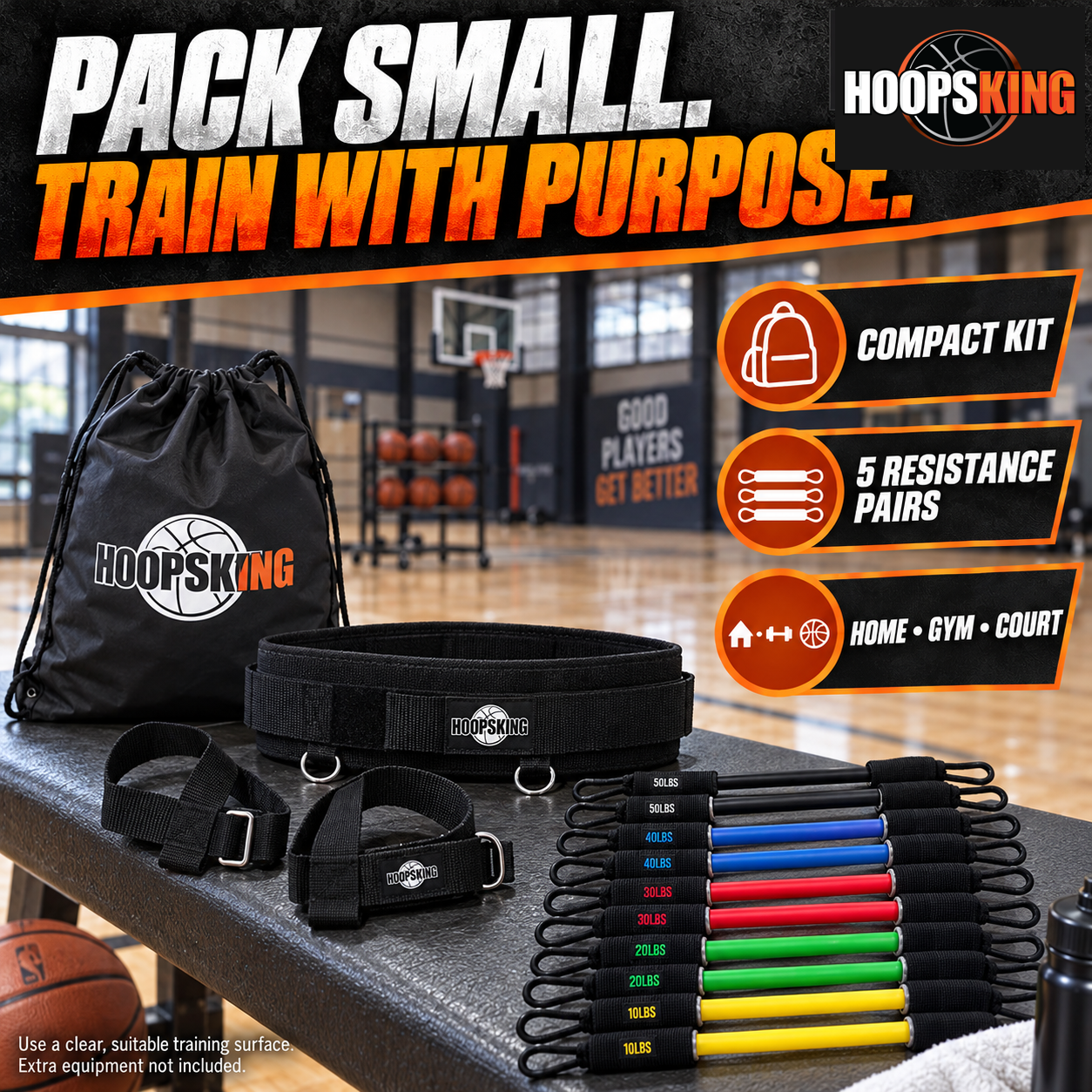 Portable waist-to-heel jump trainer kit with carry bag, waist belt, heel straps and five band pairs