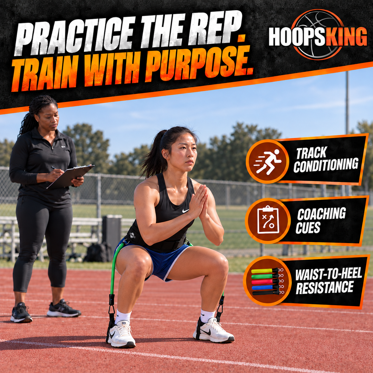 Track athlete squatting with a coach, using short green waist-to-heel bands outside each leg