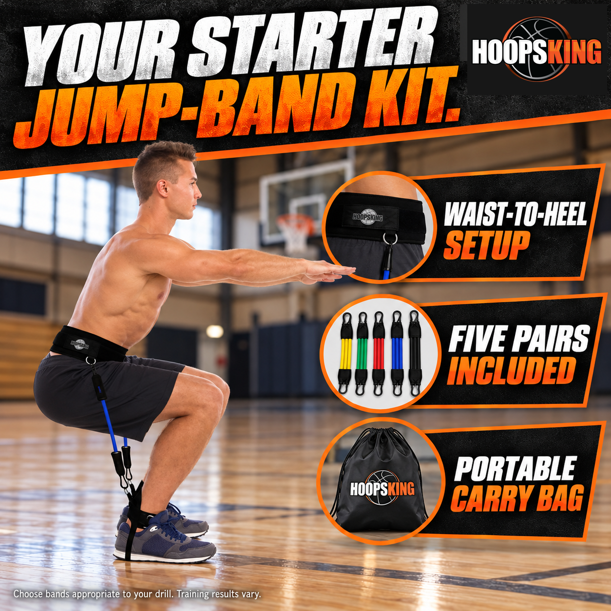 HoopsKing waist-to-heel jump trainer with five included band pairs and portable carry bag