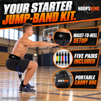 Thumbnail for HoopsKing waist-to-heel jump trainer with five included band pairs and portable carry bag