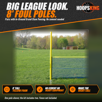 Thumbnail for Tall yellow foam foul pole standing at the end of a green mesh outfield fence on a grass field