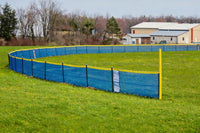 Thumbnail for Blue In Ground Grand Slam outfield fencing with yellow foul pole kit installed along a little league baseball field boundary