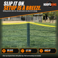 Thumbnail for Close-up of green Grand Slam outfield fence netting with a yellow top, a pole sleeved in a pocket, and a ball field behind