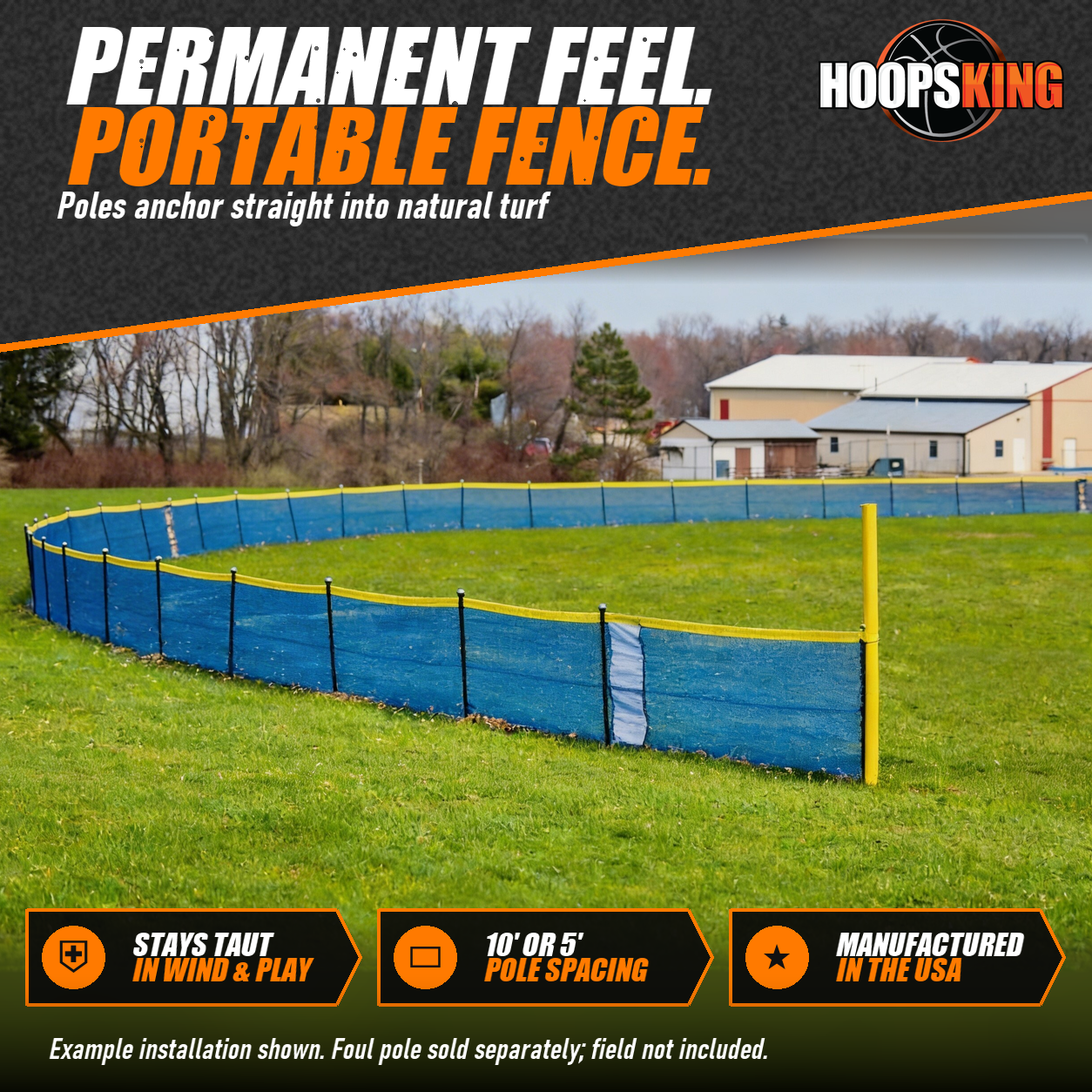 Blue Grand Slam portable outfield fence with a yellow top curving around a grass field next to a yellow foul pole
