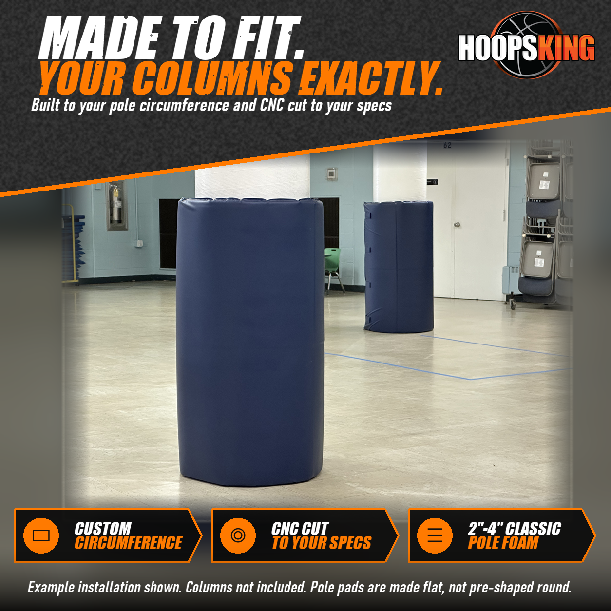Two navy blue padded wraps around round columns in a school multipurpose room