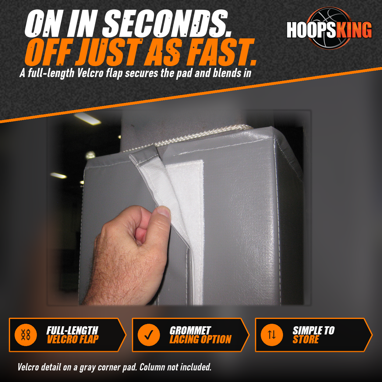 Hand peeling back the white Velcro flap on a gray vinyl column pad