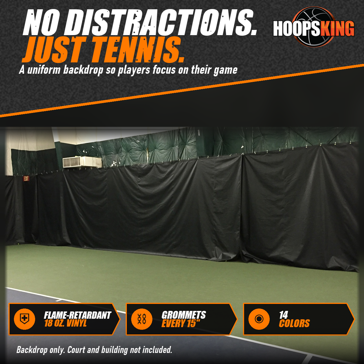 Black vinyl backdrop curtains hanging along the back wall of an indoor tennis court with a green and blue playing surface