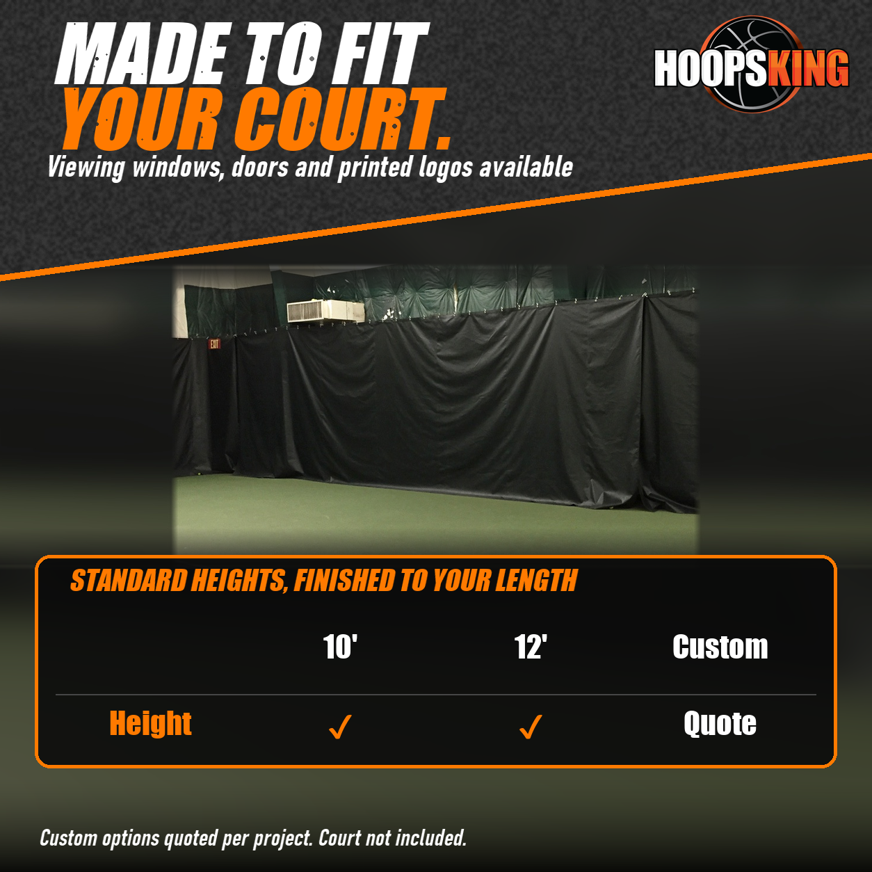 Chart of standard 10 and 12 foot tennis backdrop heights below a close view of black backdrop curtains hung from a cable
