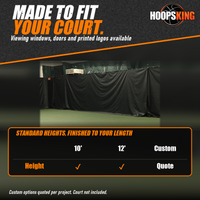 Thumbnail for Chart of standard 10 and 12 foot tennis backdrop heights below a close view of black backdrop curtains hung from a cable